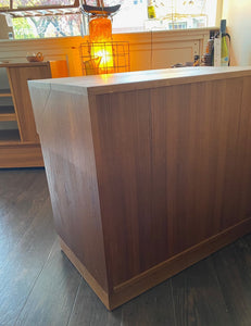 reverse side of MCM Teak folding bar cart on casters- Cook Street Vintage
