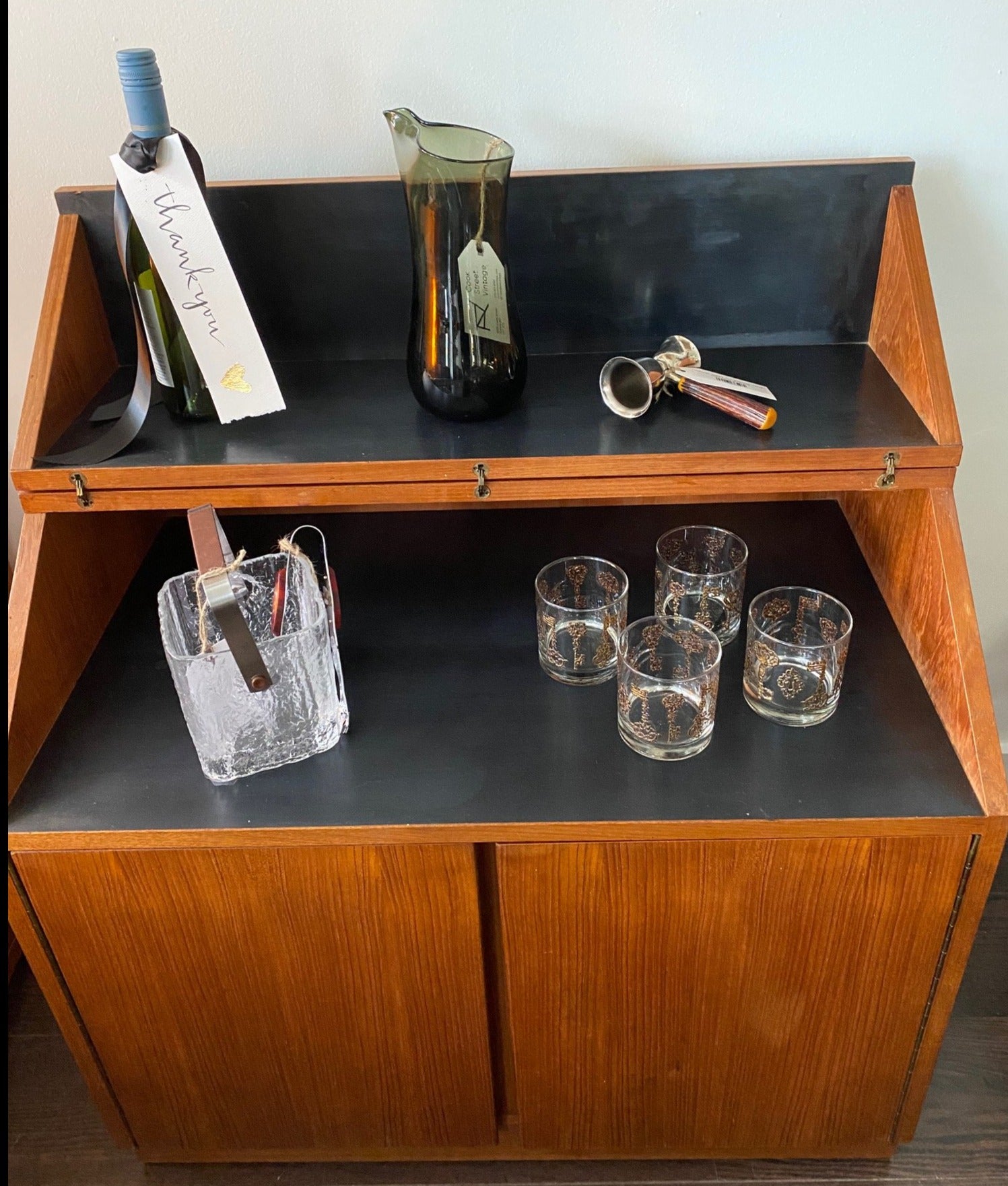 MCM Teak folding bar cart on casters- Cook Street Vintage