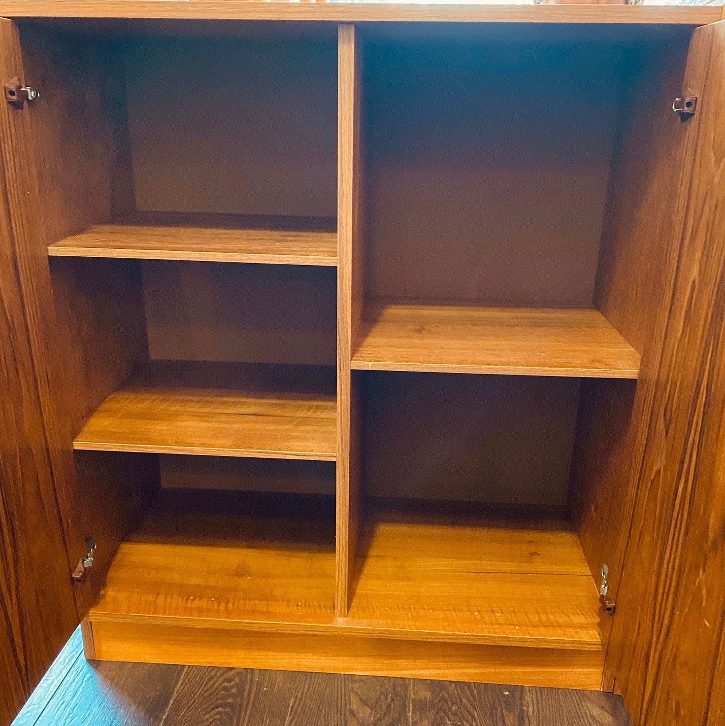 Interior of teak cabinet shelving bar vinyl record cabinet with adjustable side shelf- Cook Street Vintage