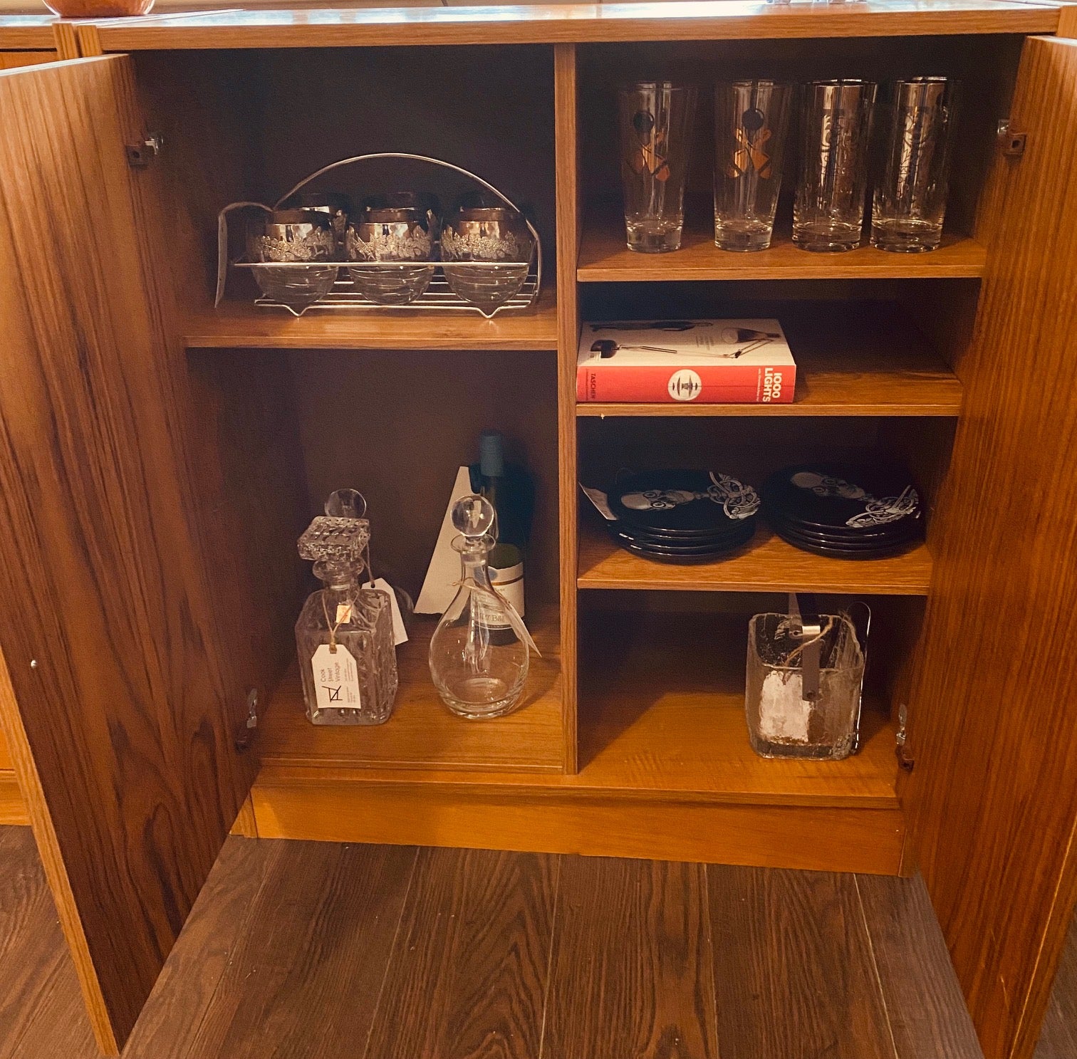 Interior of teak shelving bar cabinet- Cook Street Vintage