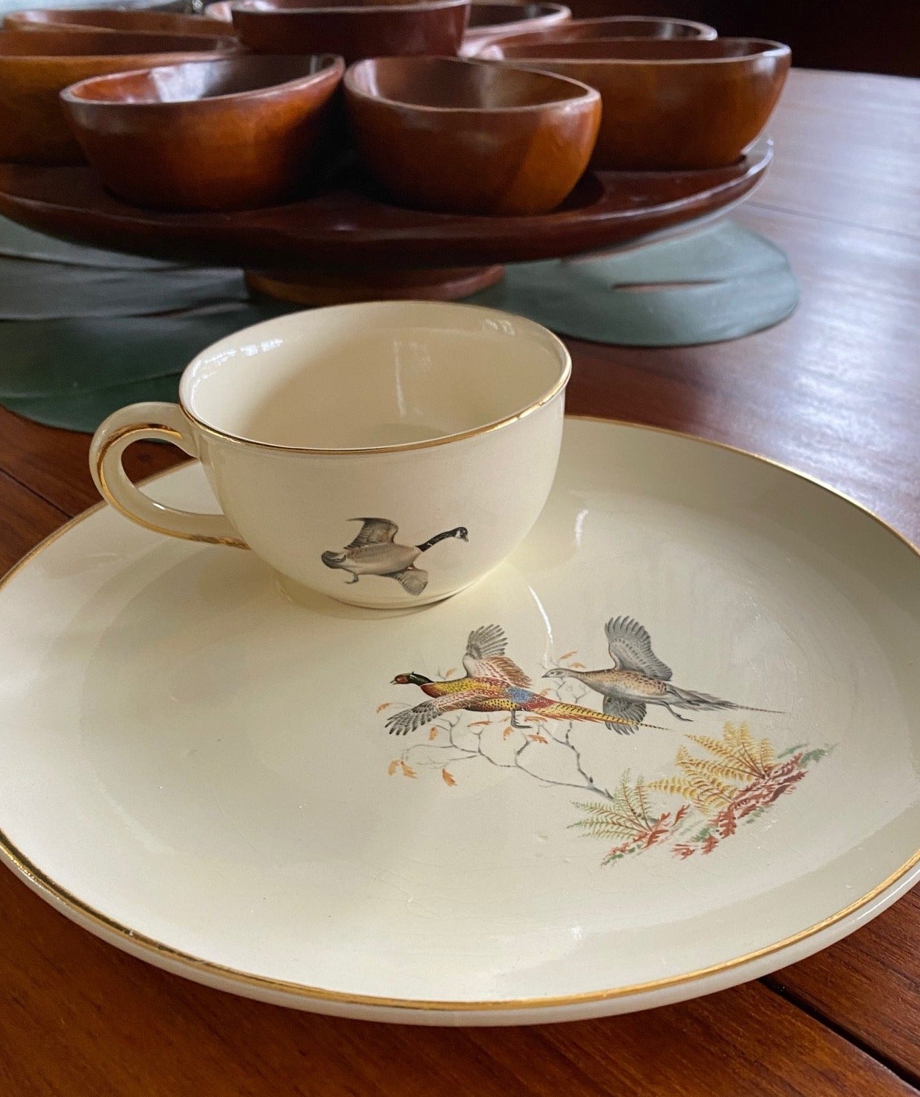 Rare vintage china dish set of four with cups. Mallard duck and Pheasants design.  'Ornis', made in West Germany, by Waechtersbach- Cook Street Vintage