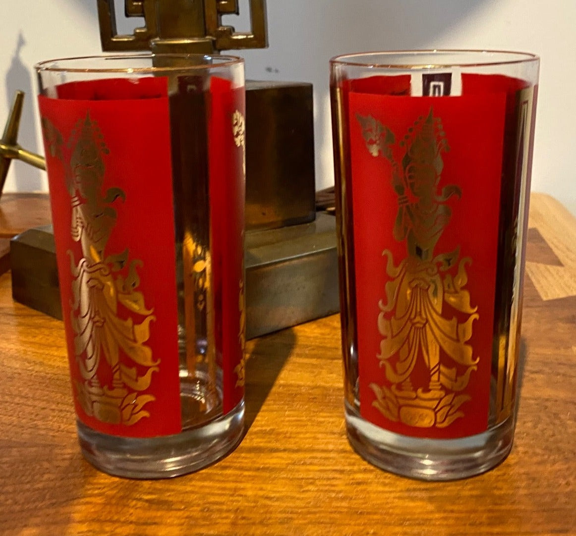 Set of 4 Culver Red & Gold Thai Goddess Glasses- Cook Street Vintage