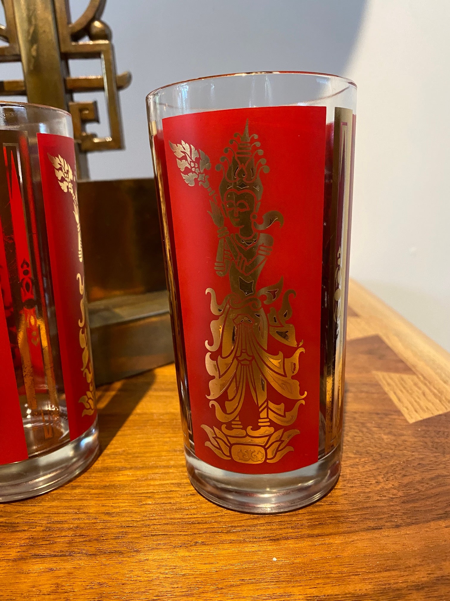 Set of 4 Culver Red & Gold Thai Goddess Glasses- Cook Street Vintage