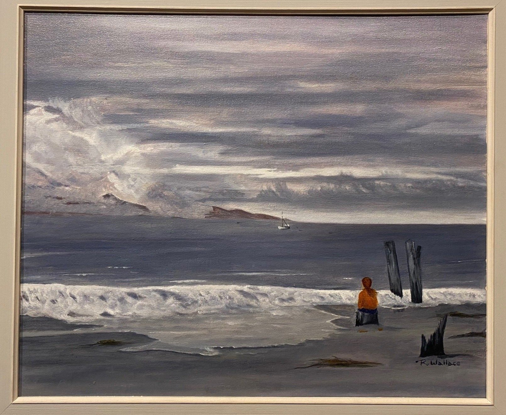 oil on canvase winter beach scene signed "R Wallace" - Cook Street Vintage