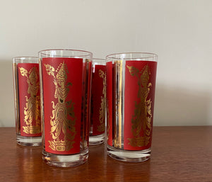 Set of 4 Culver Red & Gold Thai Goddess Glasses