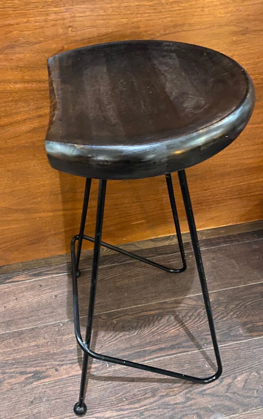Solid molded wood stool with L shape rod iron base- Cook Street Vintage