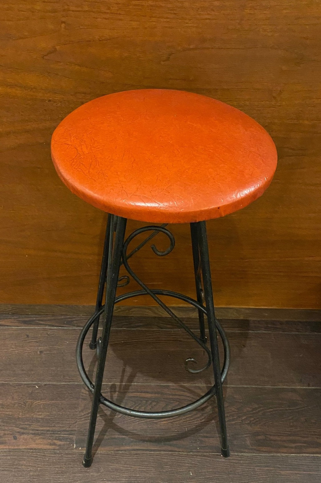 Black rod iron stool with red vinyl seat- Cook Street Vintage