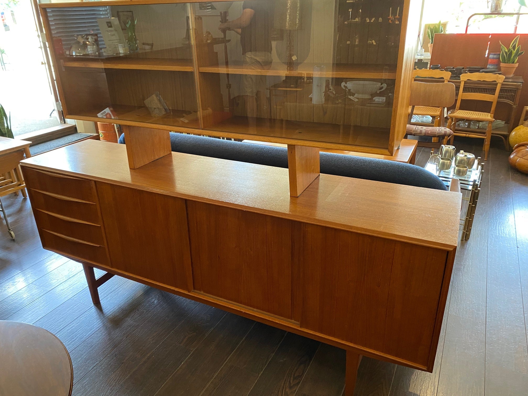 MCM Glass china cabinet with 77"L Teak Credenza Side Board- Cook Street Vintage