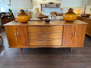 Mid-century 9 drawer walnut credenza with large lamps- Cook Street Vintage