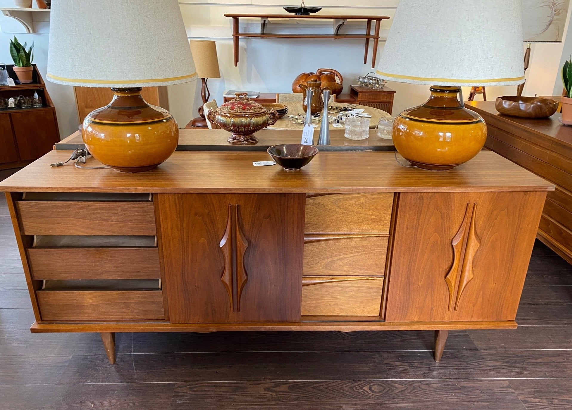 Midcentury 9 drawer walnut dresser with sliding cabinet- Cook Street Vintage
