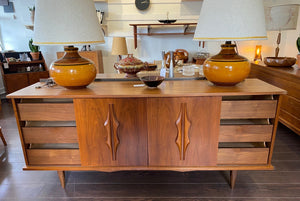 MCM 9 drawer walnut dresser credenza with sliding cabinet doors - Cook Street Vintage