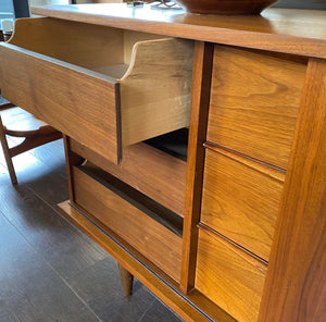 9 drawer midcentury walnut dresser credenza with drawer open- Cook Street Vintage