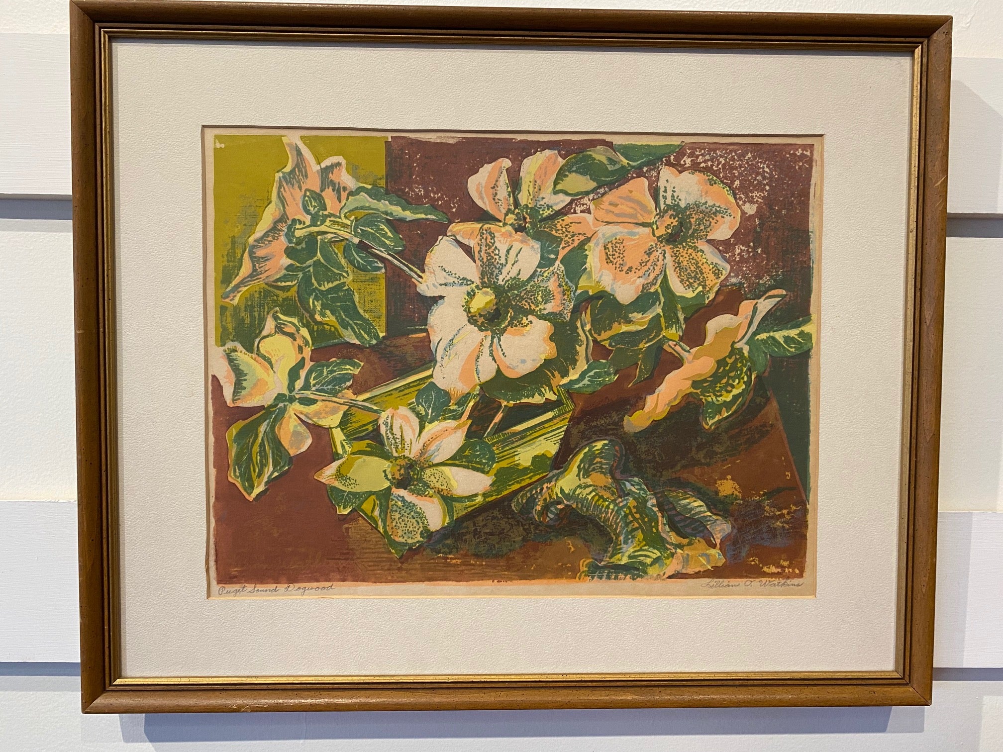 Vintage silkscreen of dogwoods in warm oranges, greens and browns. Signed "Puget Sound Dogwood  Lillian O Watkins.- Cook Street Vintage