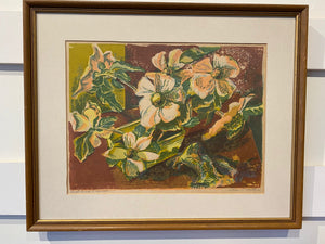 Vintage silkscreen of dogwoods in warm oranges, greens and browns. Signed "Puget Sound Dogwood  Lillian O Watkins.- Cook Street Vintage