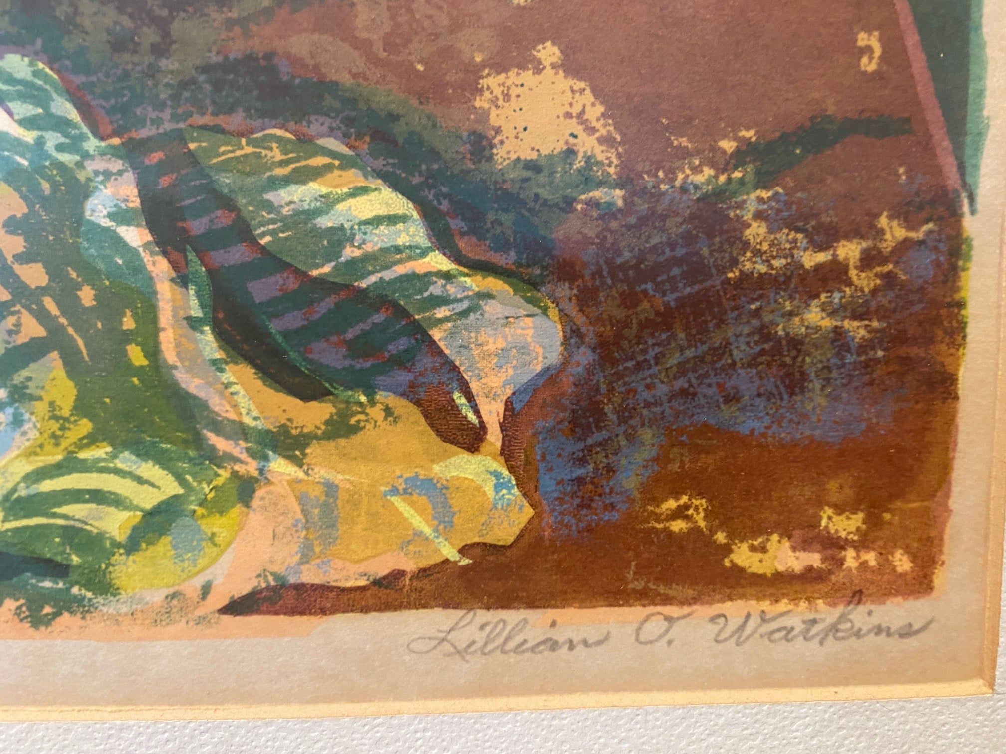 Vintage silkscreen of dogwoods in warm oranges, greens and browns. Signed "Puget Sound Dogwood  Lillian O Watkins.- Cook Street Vintage