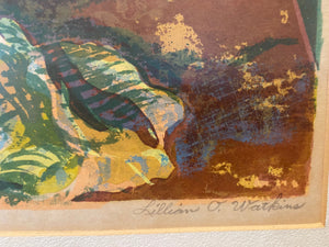 Vintage silkscreen of dogwoods in warm oranges, greens and browns. Signed "Puget Sound Dogwood  Lillian O Watkins.- Cook Street Vintage