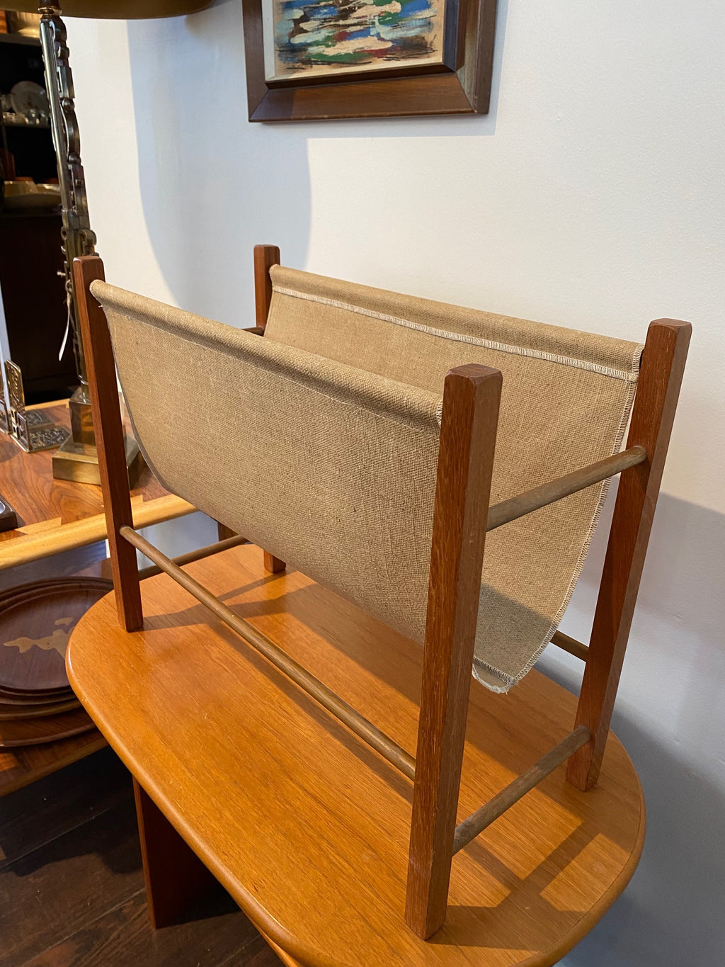 Small MCM Teak Magazine Rack with Canvas Sleeve- Cook Street Vintage