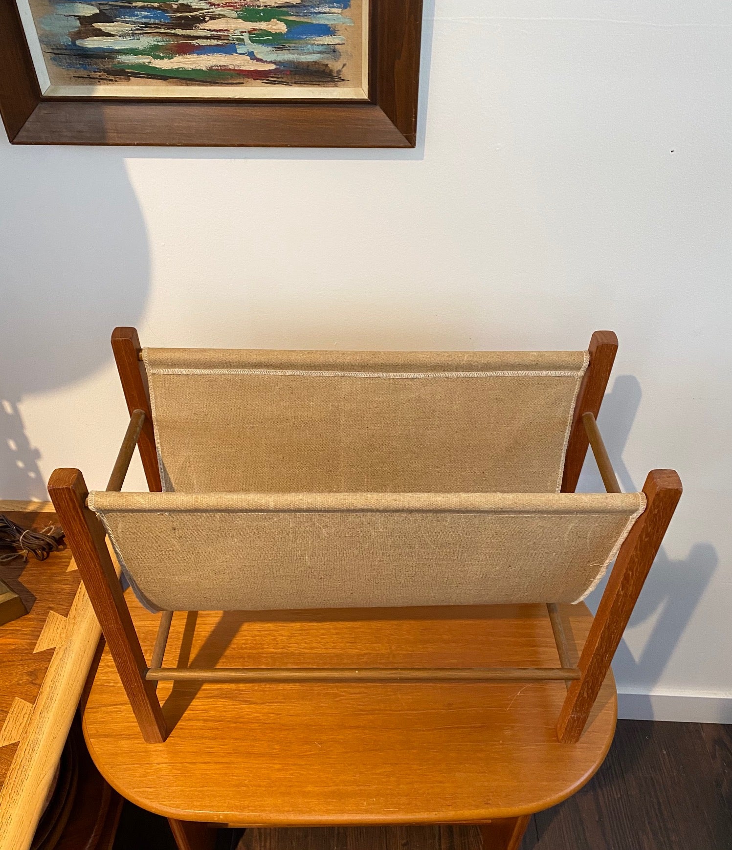 Small MCM Teak Magazine Rack with Canvas Sleeve- Cook Street Vintage