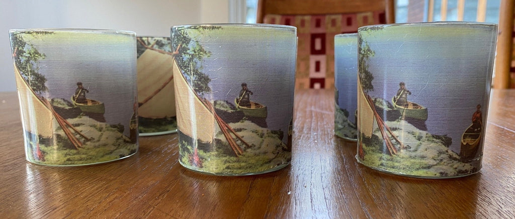 Vintage Glass Votives with Camping Theme - Cook Street Vintage