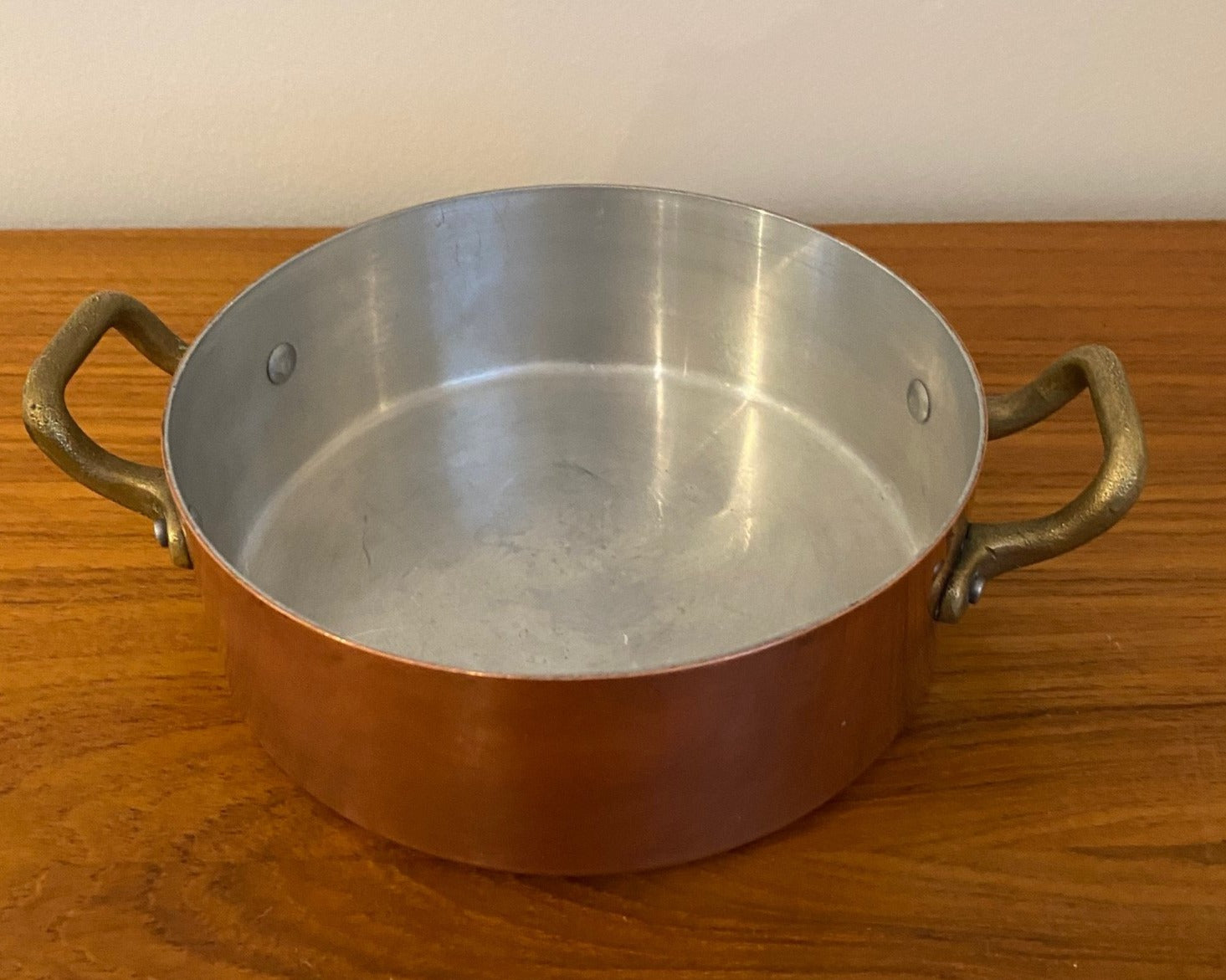 Small Vintage Copper Pot with Brass Handles- Cook Street Vintage