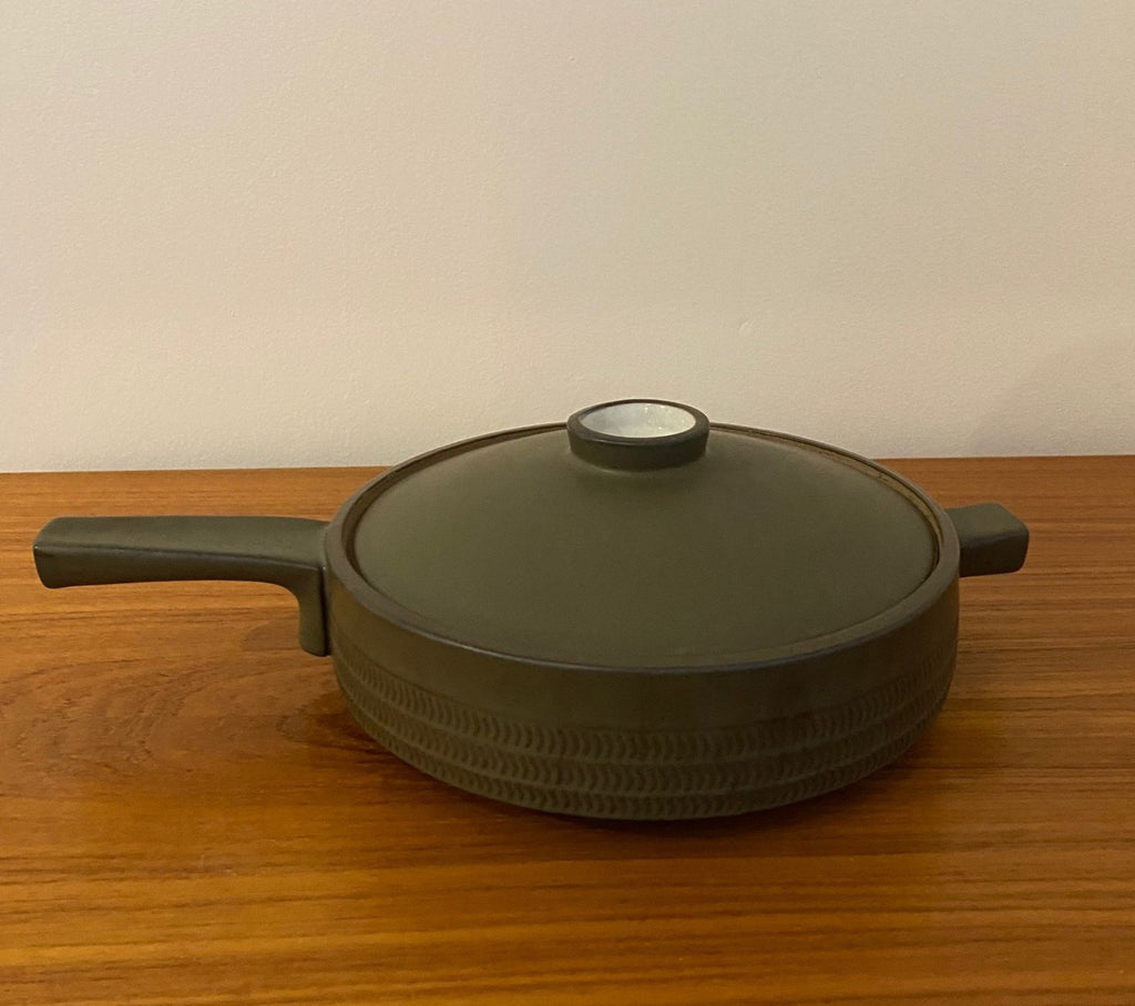 Denby 'Camelot' dark green chevron design sauce pan. Marked Denby England 2 Pt. No marks or chips - Cook Street Vintage