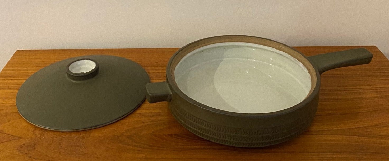 Denby 'Camelot' dark green chevron design sauce pan. Marked Denby England 2 Pt. No marks or chips - Cook Street Vintage