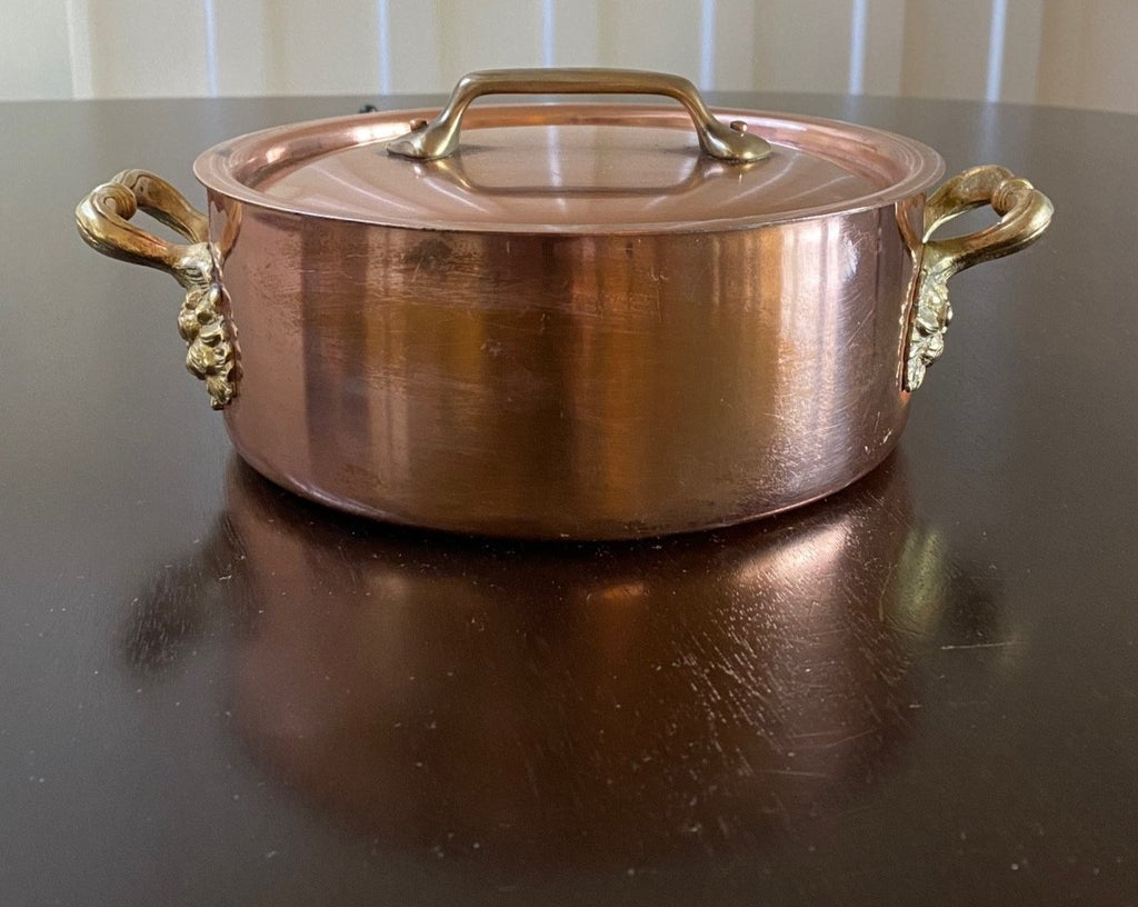 Gorgeous vintage Bongusto copper pot with fruit detail at handles. Made in Italy- Cook Street Vintage