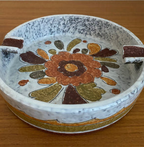 Midcentury ceramic ashtray in whote, orange and brown with floral motif- Cook Street Vintage