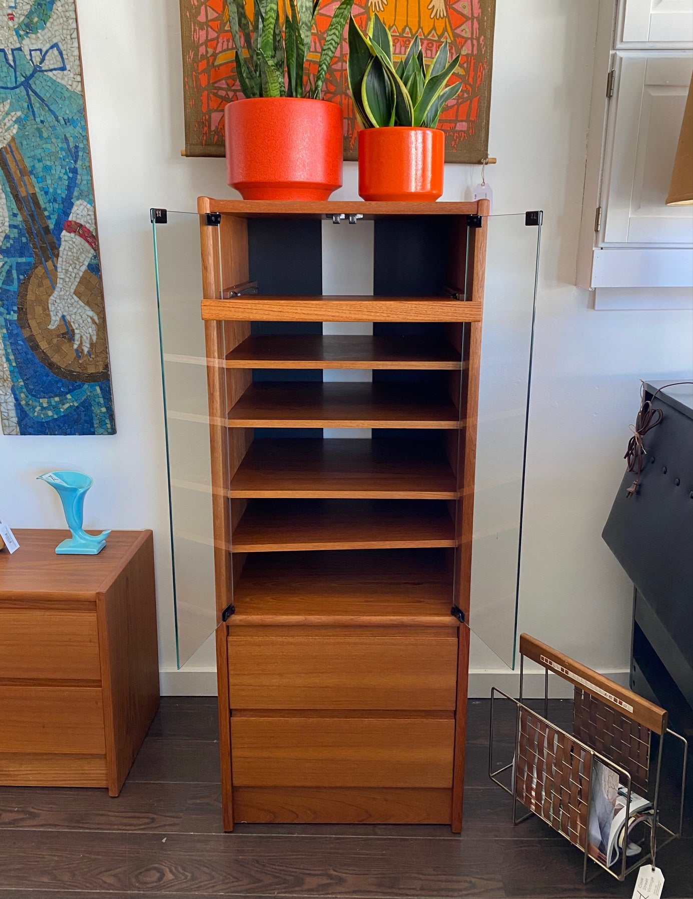 Great stereo cabinet with smooth pull-out shelf for your turntable. Four adjustable height shelves and two drawers-Cook Street Vintage