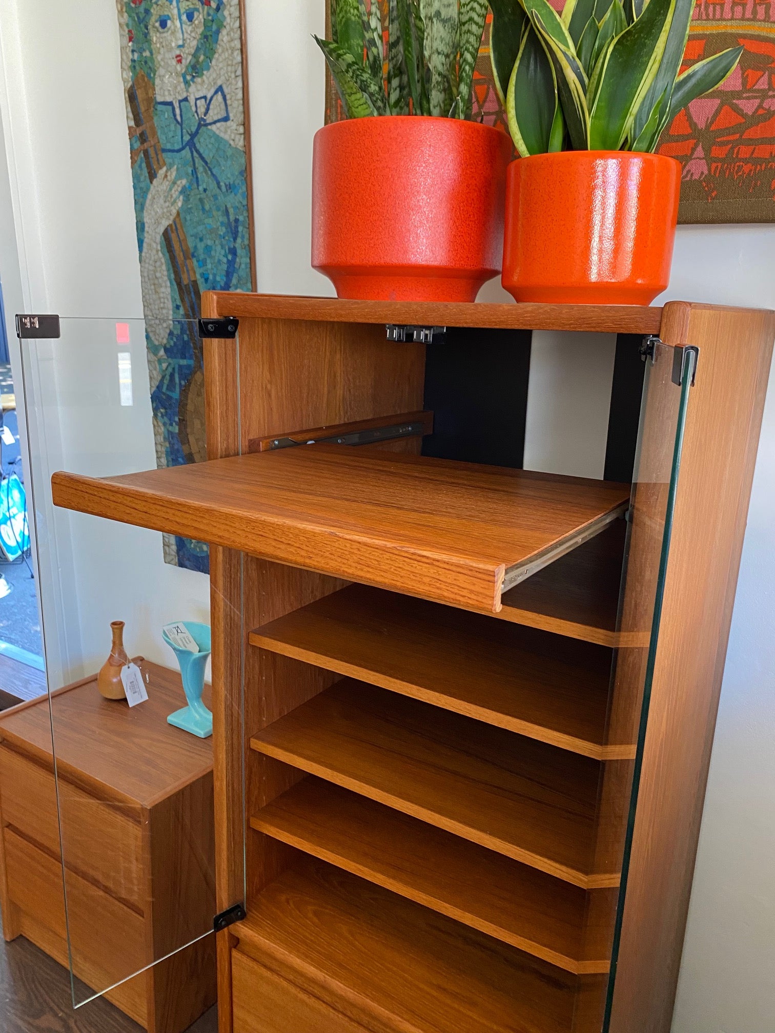 Great stereo cabinet with smooth pull-out shelf for your turntable. Four adjustable height shelves and two drawers-Cook Street Vintage