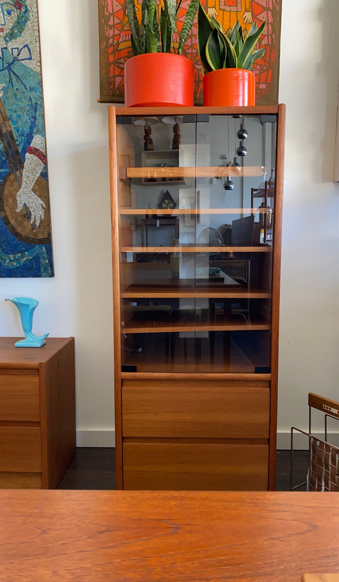 Great stereo cabinet with smooth pull-out shelf for your turntable. Four adjustable height shelves and two drawers-Cook Street Vintage