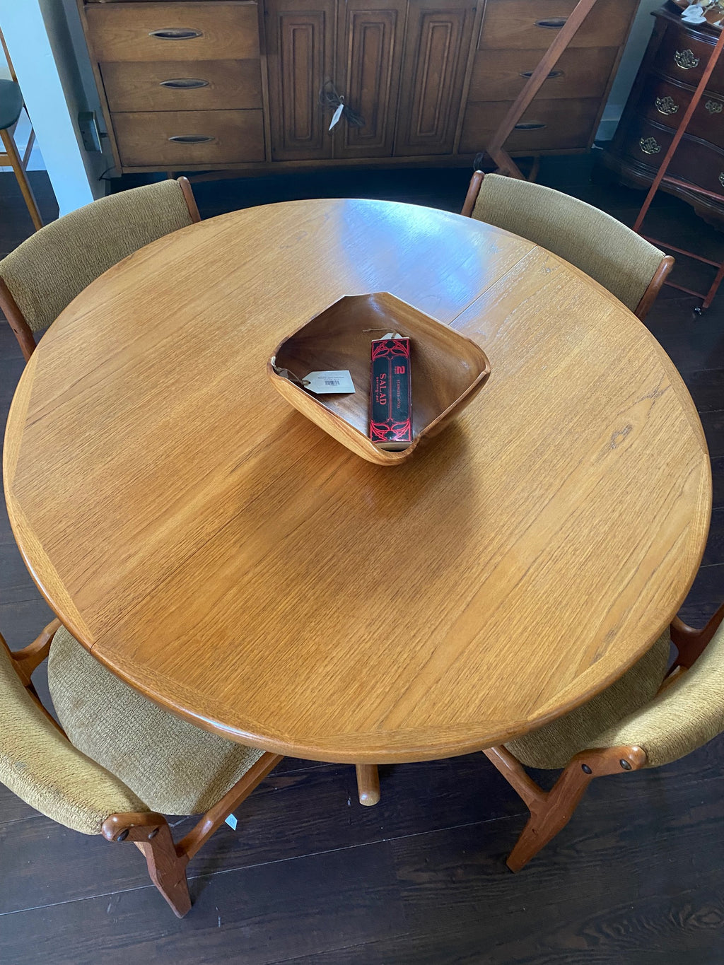 Birds eye view of Scandinavian Design MCM Round Dining Table Pedestal Legs- Cook Street Vintage