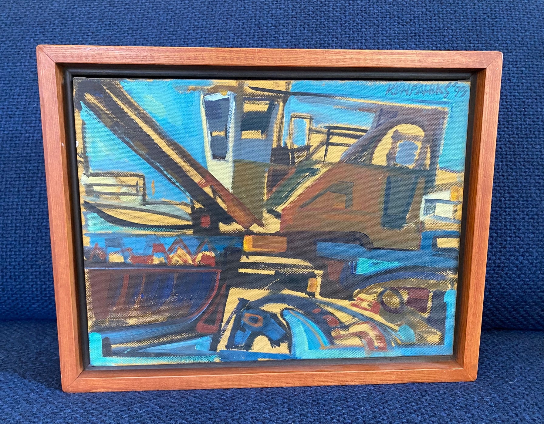 Fun abstract oil of front end loader in blues and browns on canvas, "Junk Eater" by Ken Faulks, 1993- Cook Street Vintage