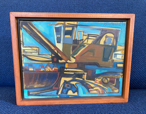Fun abstract oil of front end loader in blues and browns on canvas, "Junk Eater" by Ken Faulks, 1993- Cook Street Vintage