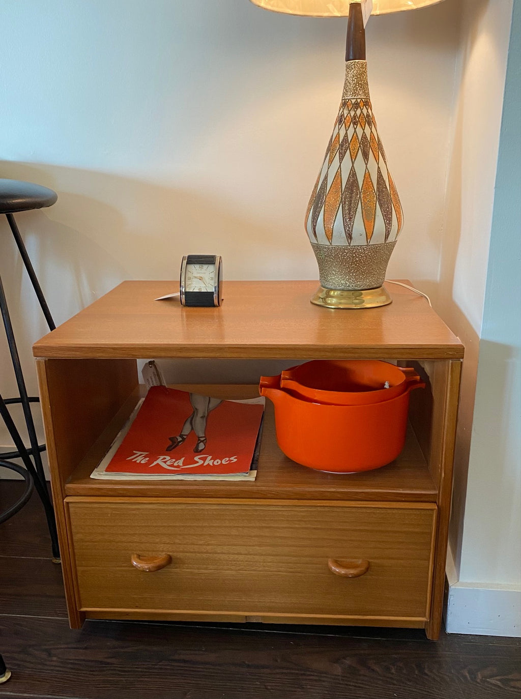 Small teak entertainment table with lined and divided drawer for TV and gaming remotes. Would make a great bedside table - Cook Street Vintage