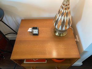 Small teak entertainment table with lined and divided drawer for TV and gaming remotes. Would make a great bedside table - Cook Street Vintage