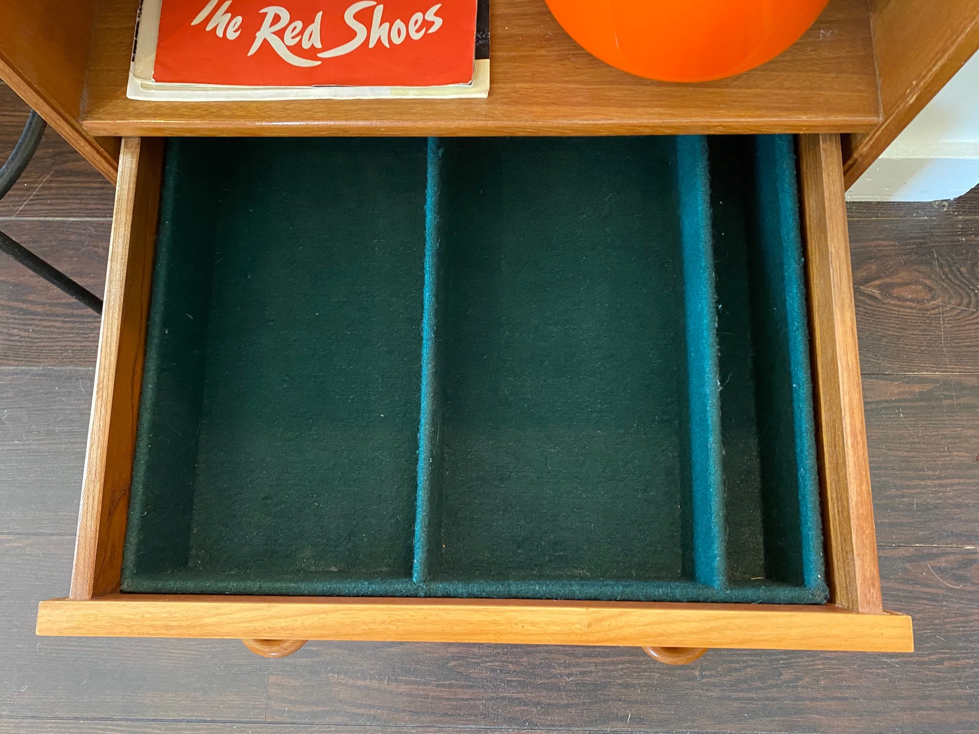 Small teak entertainment table with lined and divided drawer for TV and gaming remotes. Would make a great bedside table - Cook Street Vintage