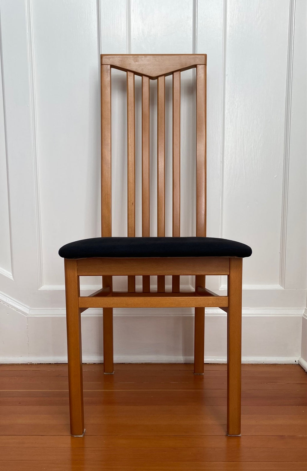 Set of 6 vintage Italian dining chairs with elegant curved high backs. Stretcher joined tapered legs. Original black upholstered seats. Made in Italy by IMS/SRL.- Cook Street Vintage