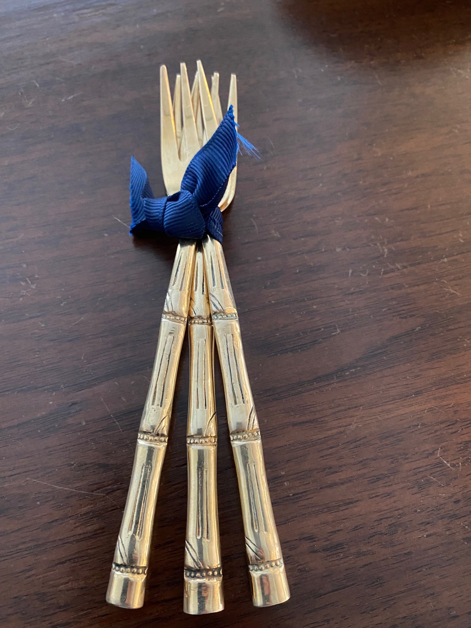 Nickle Bronze Bamboo in Brass Cutlery Set of 3 Olive Forks- Cook Street Vintage