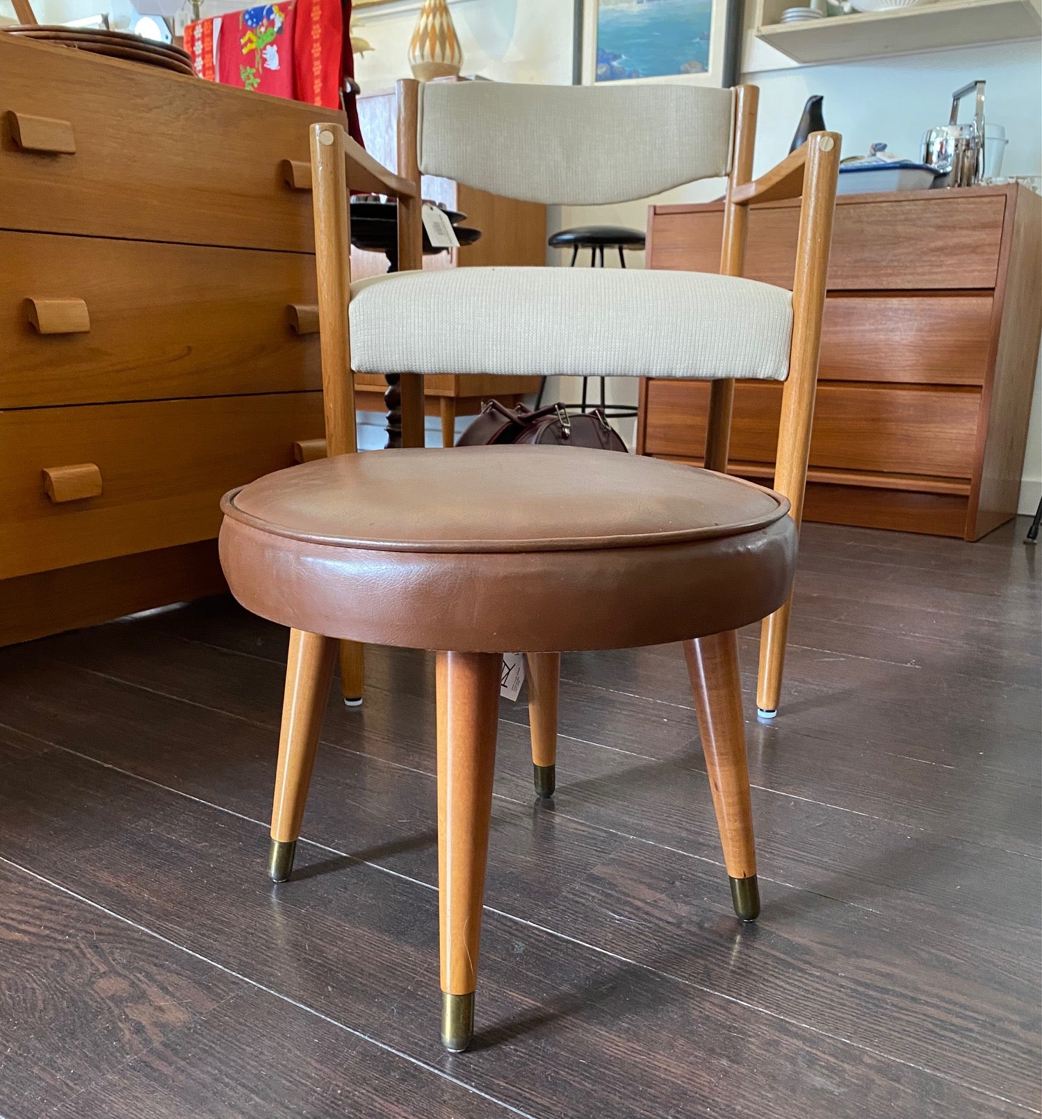 Vintage Ottoman with Brown Vinyl Cover- Cook Street Vintage