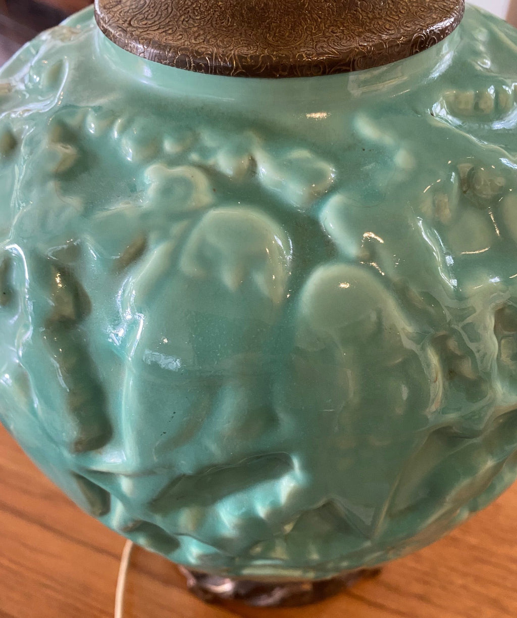 Absolutely enchanting Lovebird Ceramic Lamp. Aqua with brass etched details. Attributed to Stangl- Cook Street Vintage