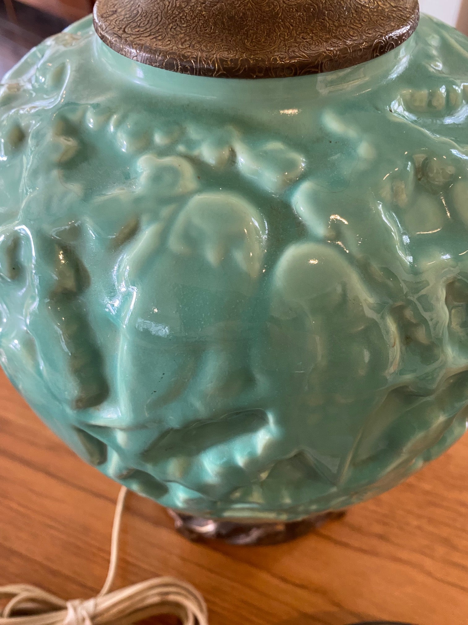 Close up of lovebirds in Absolutely enchanting Lovebird Ceramic Lamp. Aqua with brass etched details. Attributed to Stangl- Cook Street Vintage