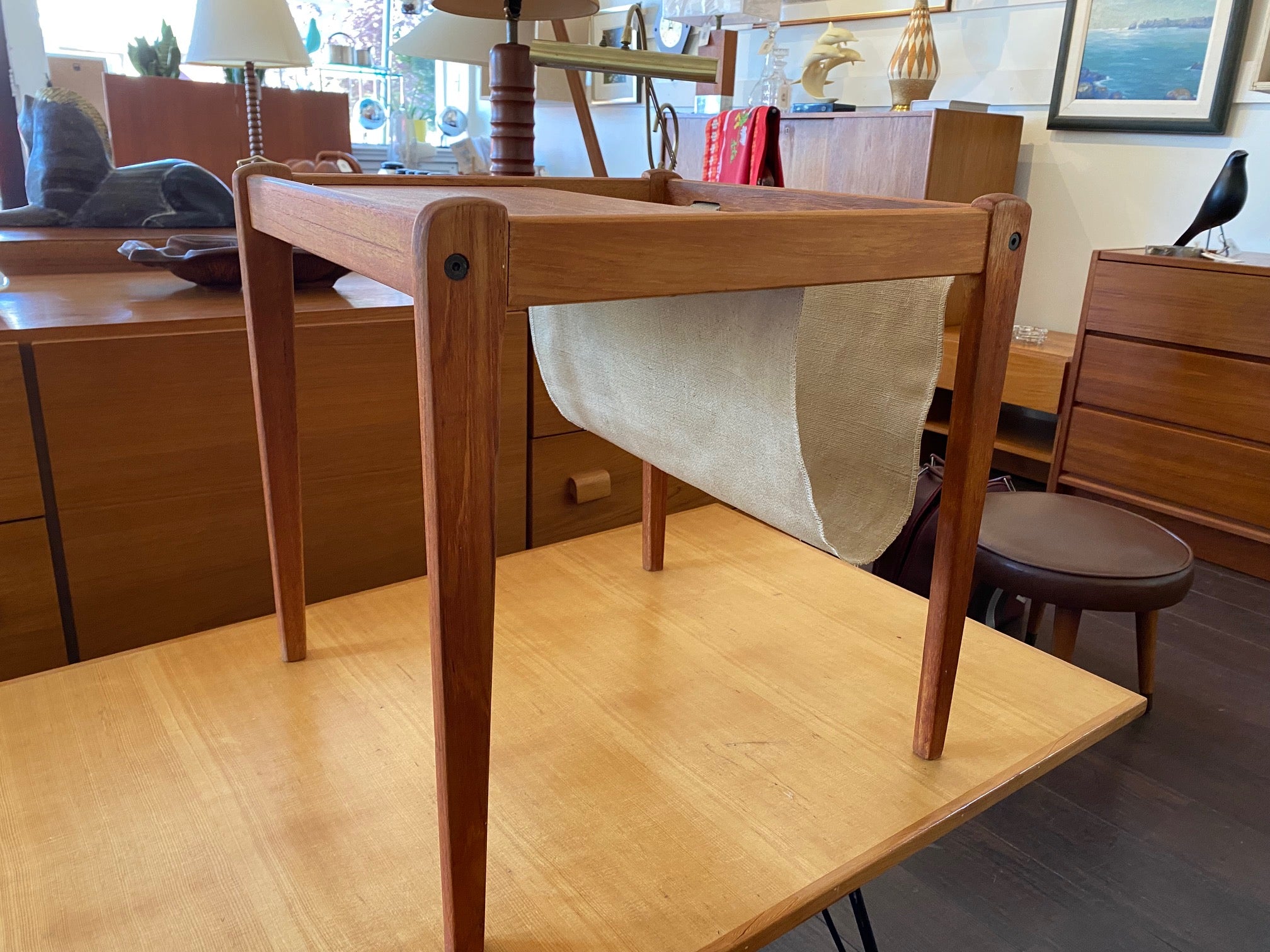 MCM teak saide table with canvas magazine holder- Cook Street Vintage