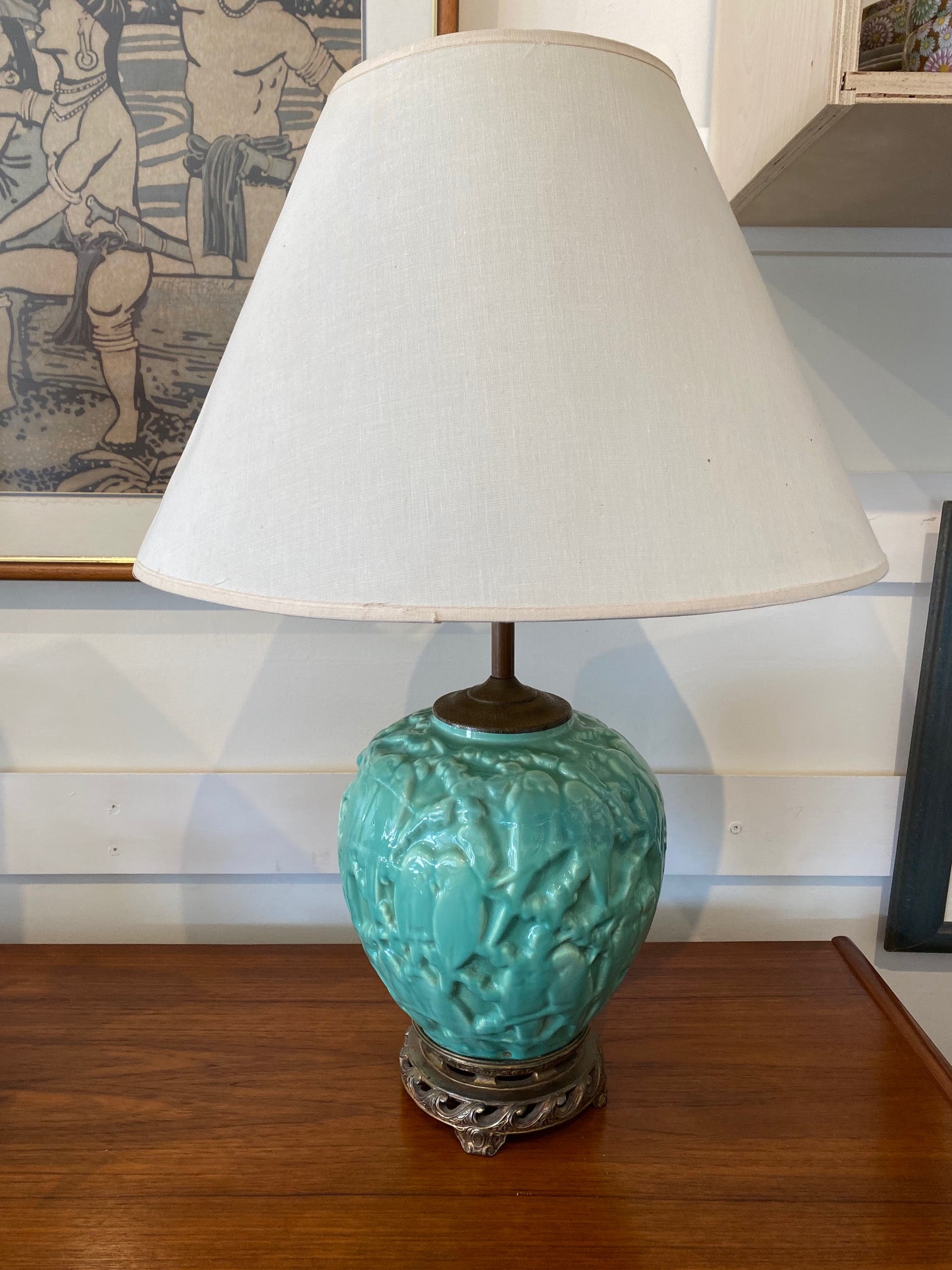 Absolutely enchanting Lovebird Ceramic Lamp. Aqua with brass etched details. Attributed to Stangl- Cook Street Vintage