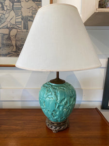 Absolutely enchanting Lovebird Ceramic Lamp. Aqua with brass etched details. Attributed to Stangl- Cook Street Vintage