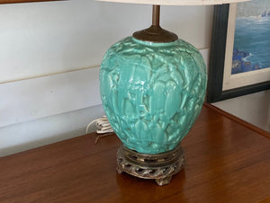 Absolutely enchanting Lovebird Ceramic Lamp. Aqua with brass etched details. Attributed to Stangl- Cook Street Vintage