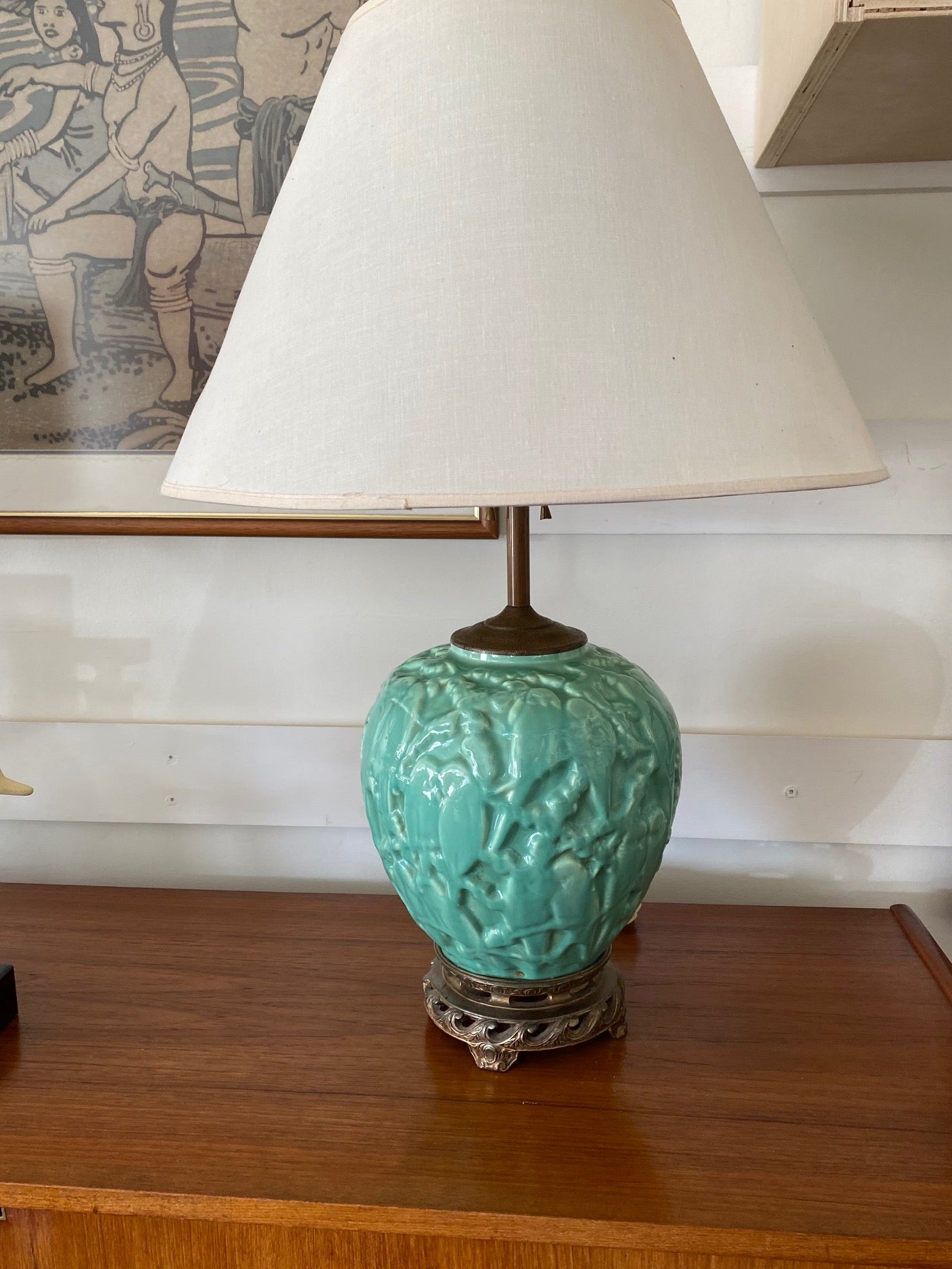 Absolutely enchanting Lovebird Ceramic Lamp. Aqua with brass etched details. Attributed to Stangl- Cook Street Vintage