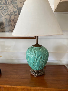 Absolutely enchanting Lovebird Ceramic Lamp. Aqua with brass etched details. Attributed to Stangl- Cook Street Vintage