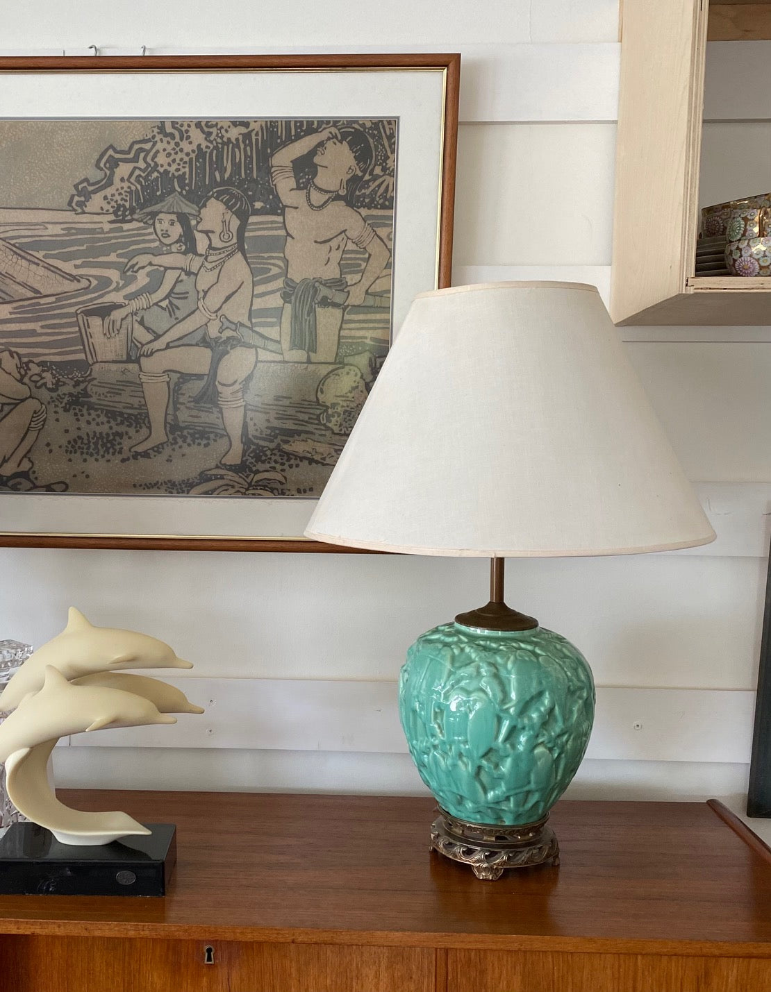 Absolutely enchanting Lovebird Ceramic Lamp. Aqua with brass etched details. Attributed to Stangl- Cook Street Vintage