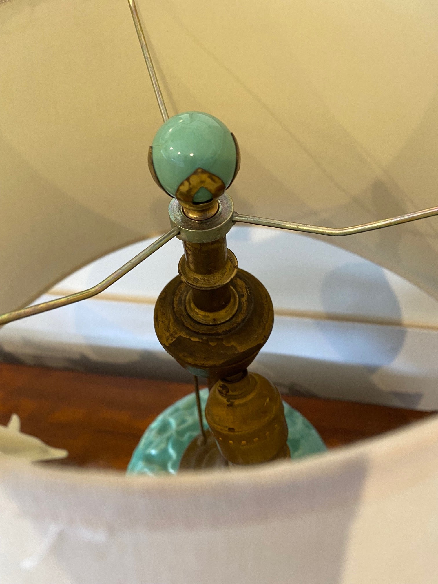 Finial for Absolutely enchanting Lovebird Ceramic Lamp. Aqua with brass etched details. Attributed to Stangl- Cook Street Vintage